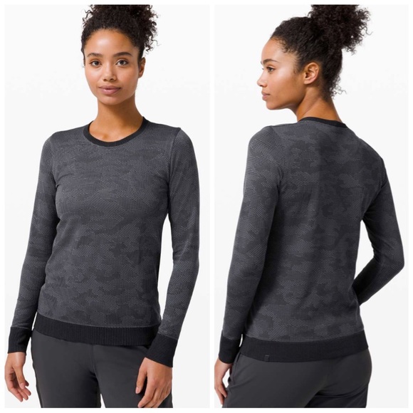 •LULULEMON• Swiftly Breathe Long Sleeve Top in Vented Camo Black/Asphalt Size 6 - Picture 1 of 13